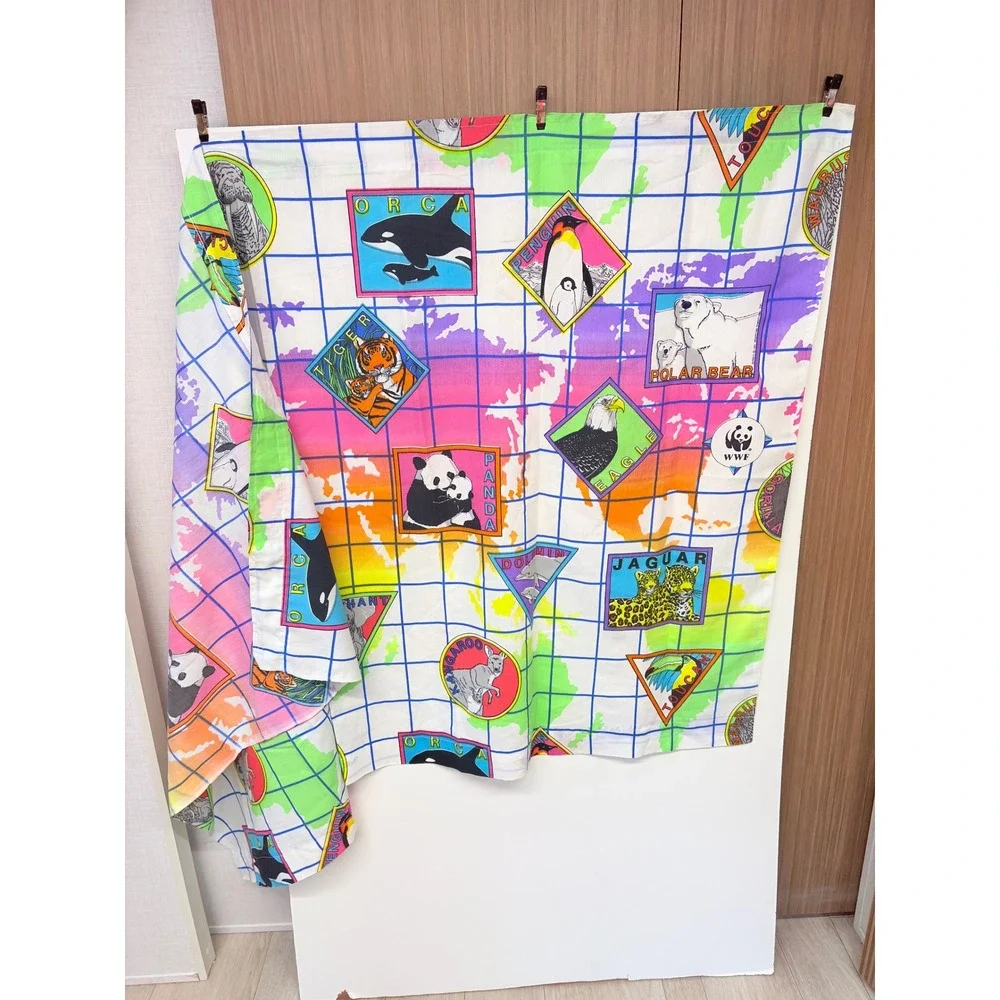 WWF Vintage 90s Rare Animal Map 4 panel Curtain Multi Color Retro Decor Wildlife
